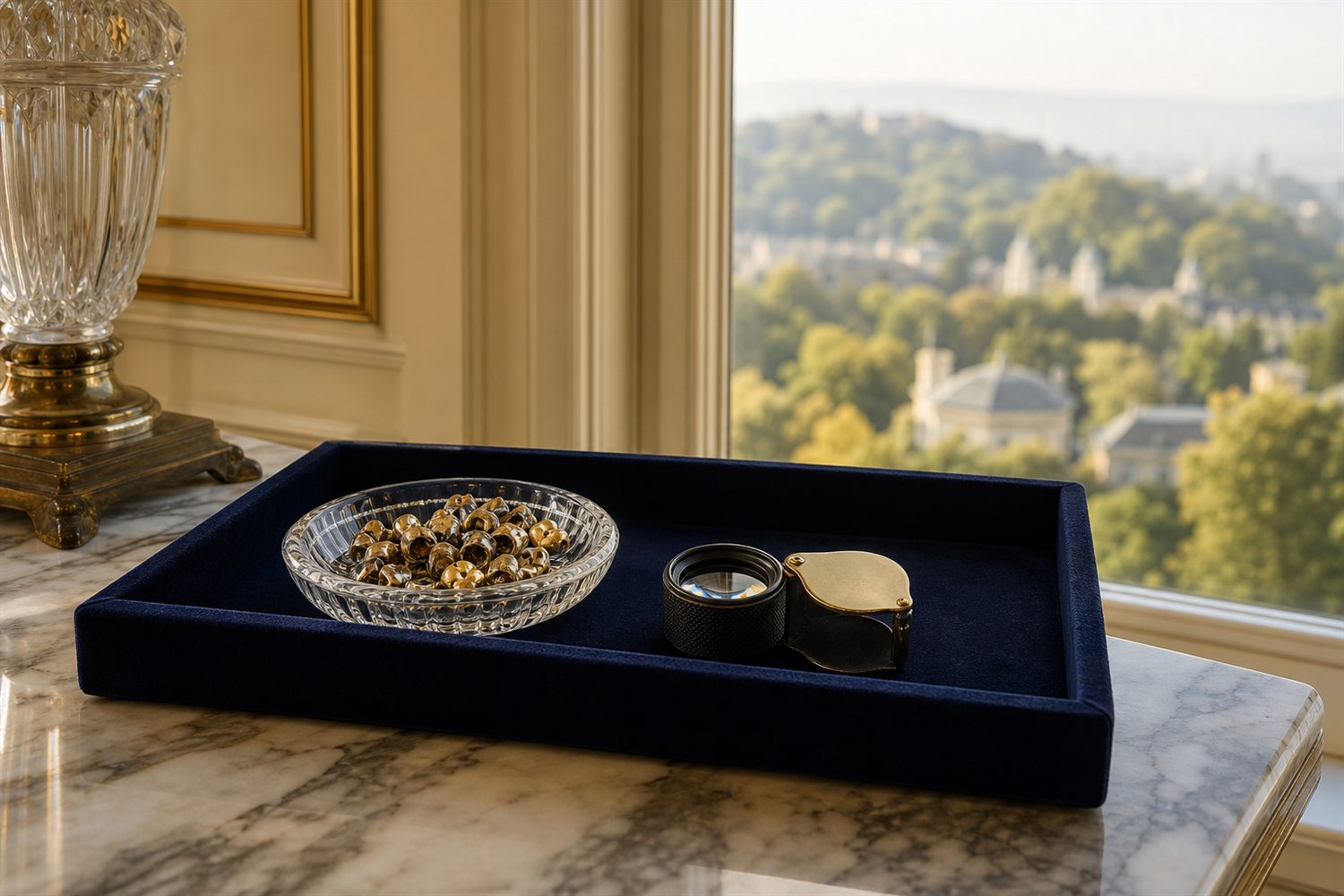 Marmortisch am Fenster einer Wiesbadener Gr&uuml;nderzeitvilla mit Samttablett, Glasschale Zahngold und Lupe &ndash; Hausbesuch Zahngold-Ankauf Wiesbaden
