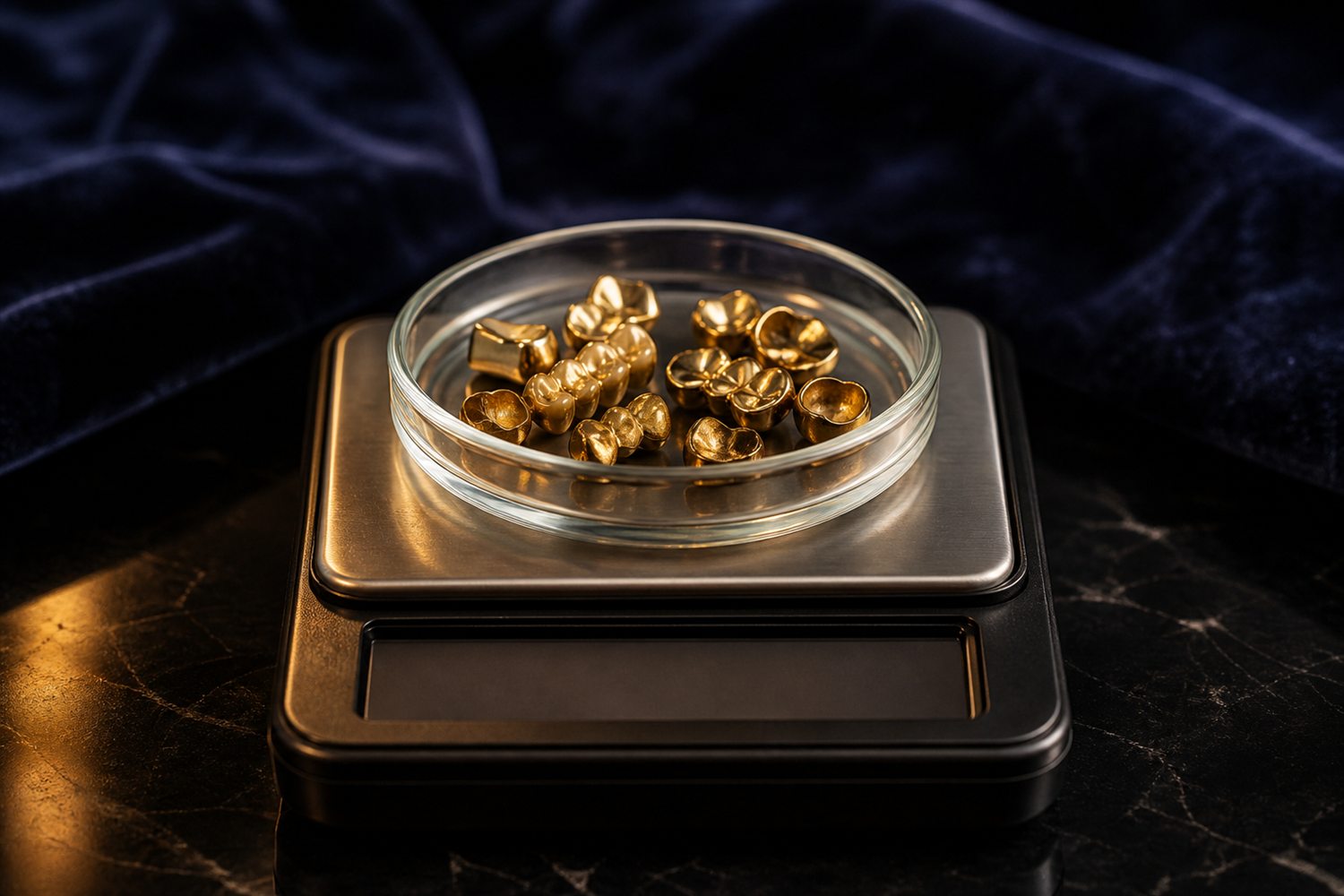 Glasschale mit Zahngold auf der Waagschale einer Feinwaage auf dunkler Fl&auml;che &ndash; Zahngold wiegen und bewerten in Wiesbaden