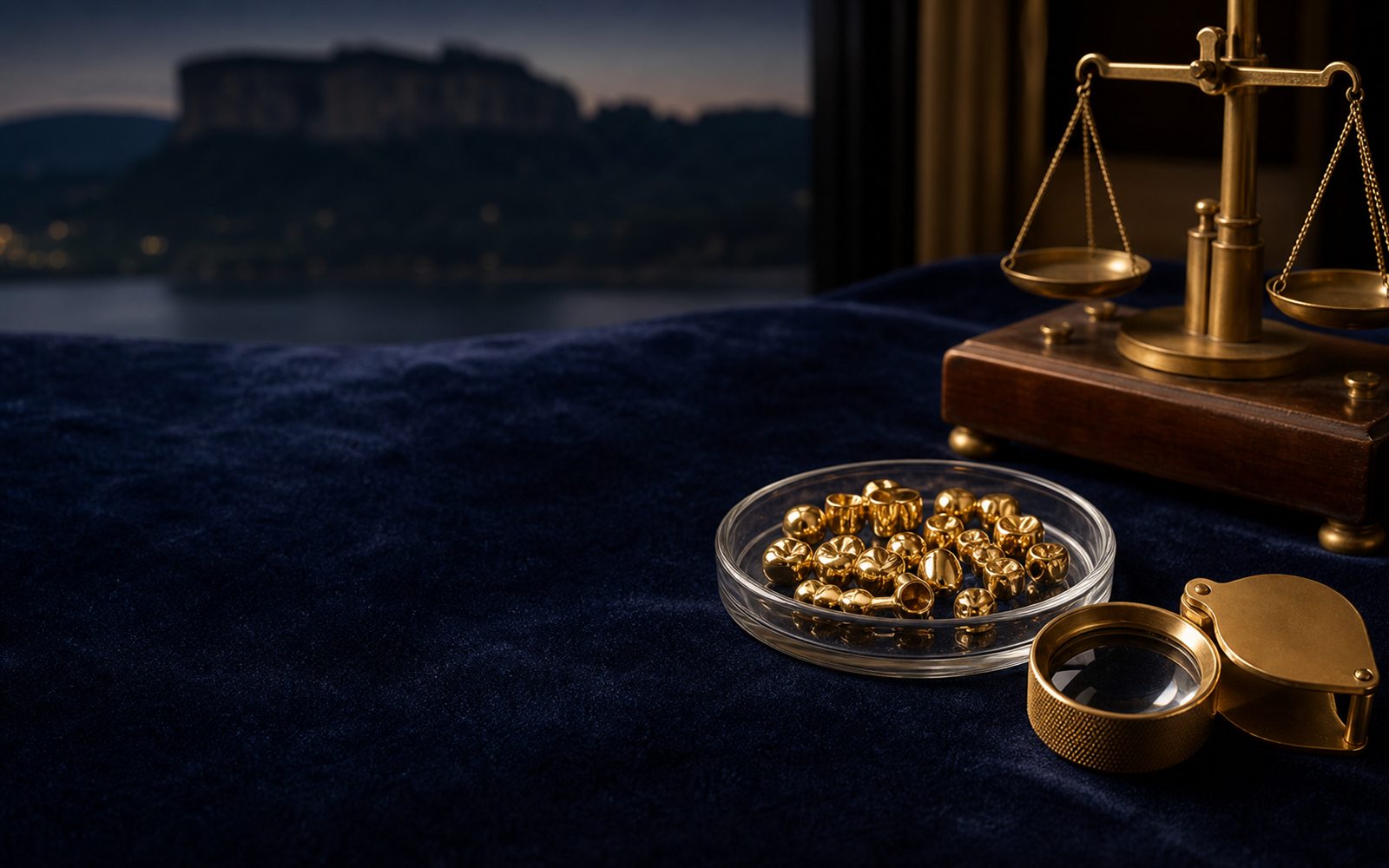 Zahngold, Goldkronen und Br&uuml;cken in einer Glasschale auf dunklem Samt, daneben Lupe und Feinwaage, im Hintergrund die Silhouette des Wittener Doms &ndash; Zahngold verkaufen Witten