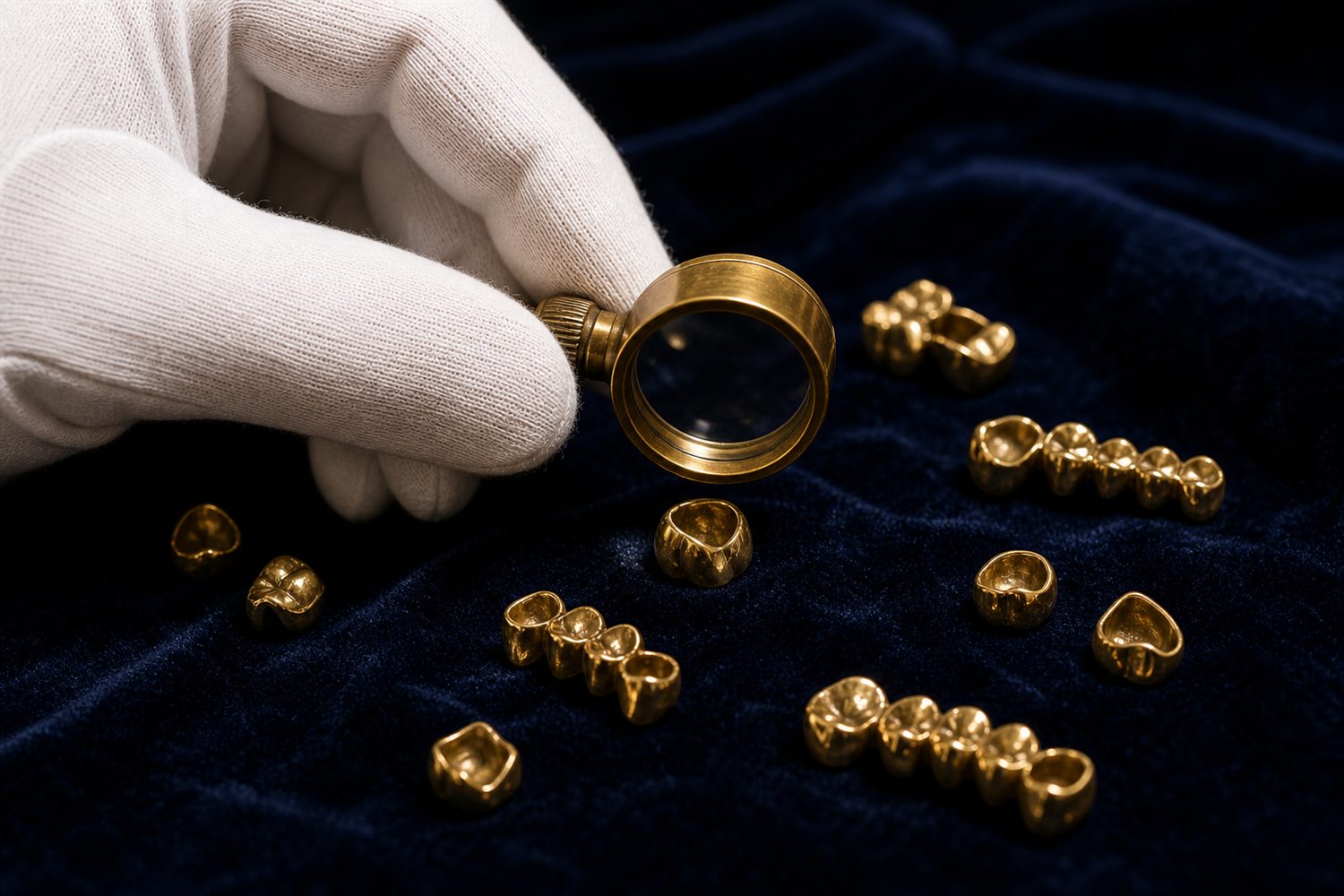 Wei&szlig; behandschuhte Hand sortiert Goldkronen und Br&uuml;cken auf Samt und pr&uuml;ft sie mit der Lupe &ndash; Zahngold-Bewertung in Witten