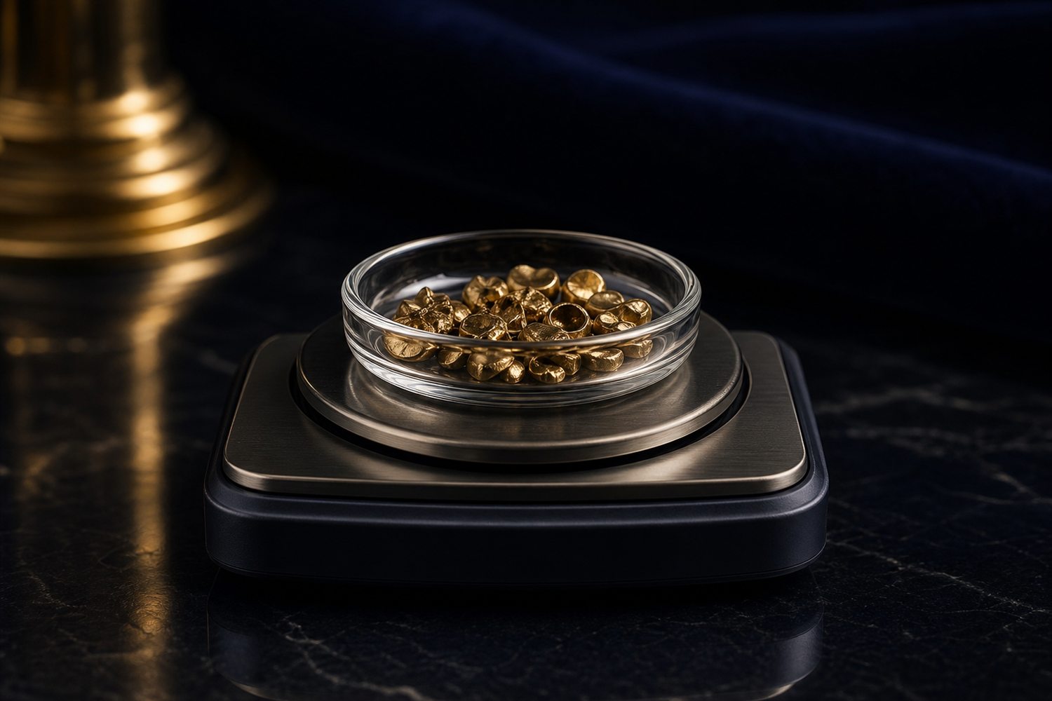 Glasschale mit Zahngold auf der Waagschale einer Feinwaage auf dunkler Fl&auml;che &ndash; Zahngold wiegen und bewerten in Witten