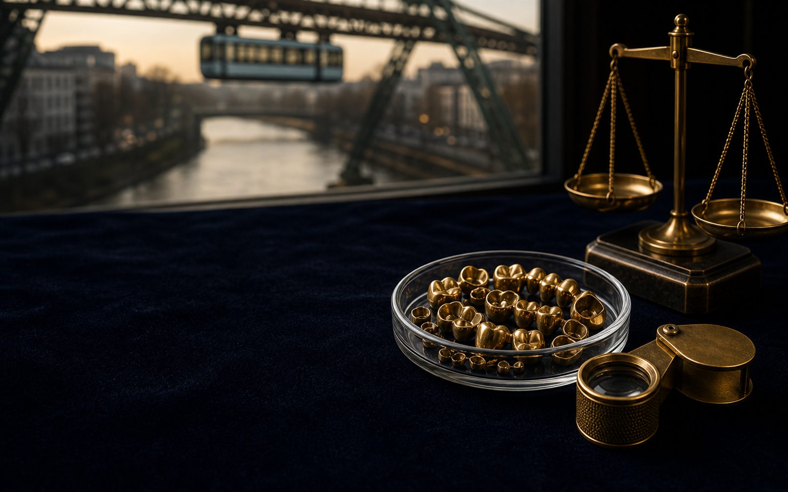 Zahngold, Goldkronen und Br&uuml;cken in einer Glasschale auf dunklem Samt, daneben Lupe und Feinwaage, im Hintergrund die Silhouette der Wuppertaler Schwebebahn &ndash; Zahngold verkaufen Wuppertal