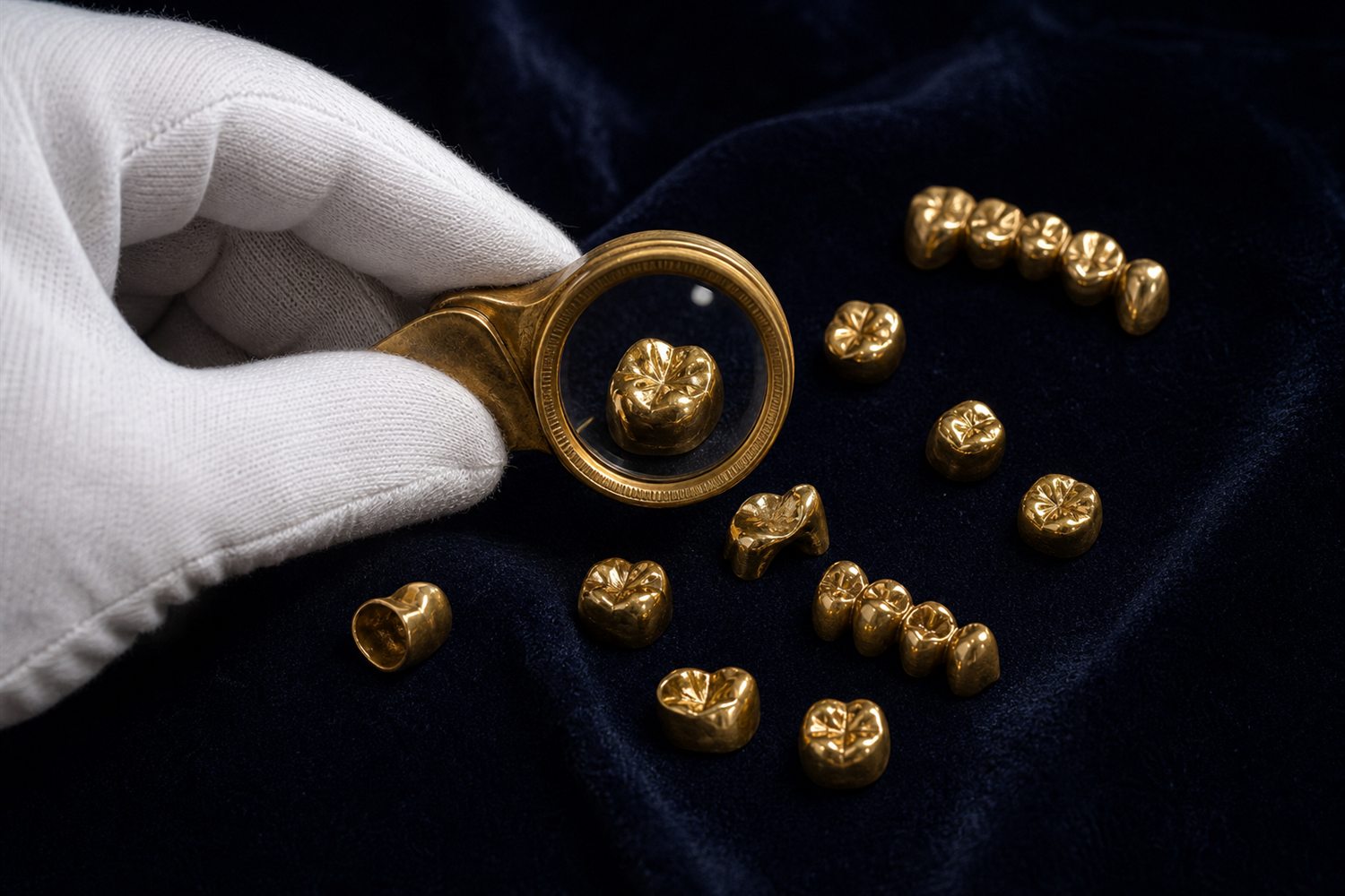 Wei&szlig; behandschuhte Hand sortiert Goldkronen und Br&uuml;cken auf Samt und pr&uuml;ft sie mit der Lupe &ndash; Zahngold-Bewertung in Wuppertal