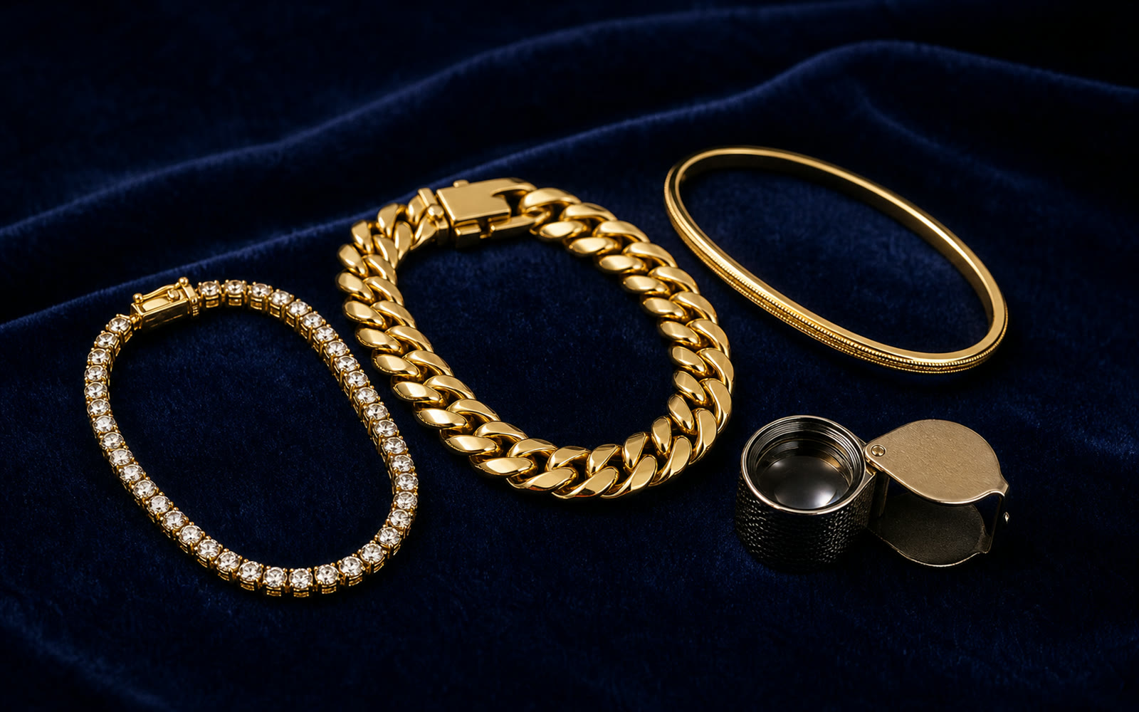 Goldarmbänder mit Tennisarmband und Armreif auf blauem Samt mit Lupe