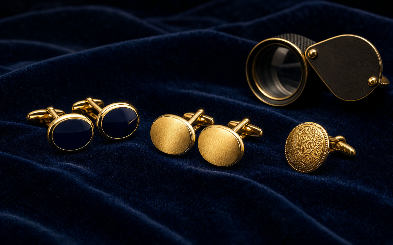 Goldene Manschettenkn&ouml;pfe mit Emaille-Einlage auf blauem Samt mit Lupe