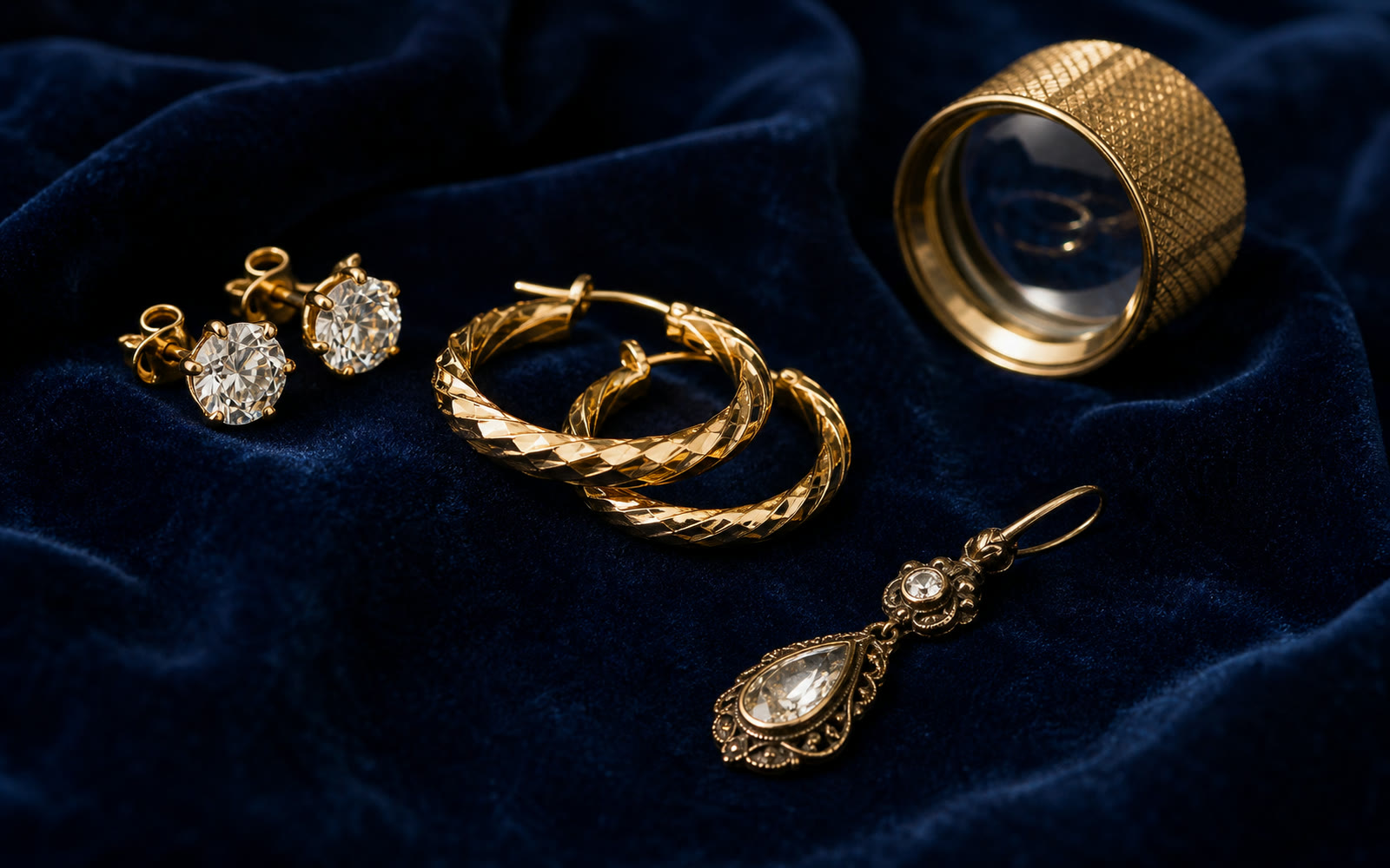 Ohrringe, Diamant-Ohrstecker, Creolen und einzelner Ohrh&auml;nger auf blauem Samt mit Lupe