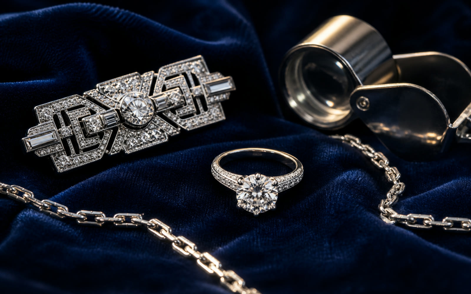 Platinschmuck, Ring mit Diamant, Art-déco-Brosche und Kette auf blauem Samt