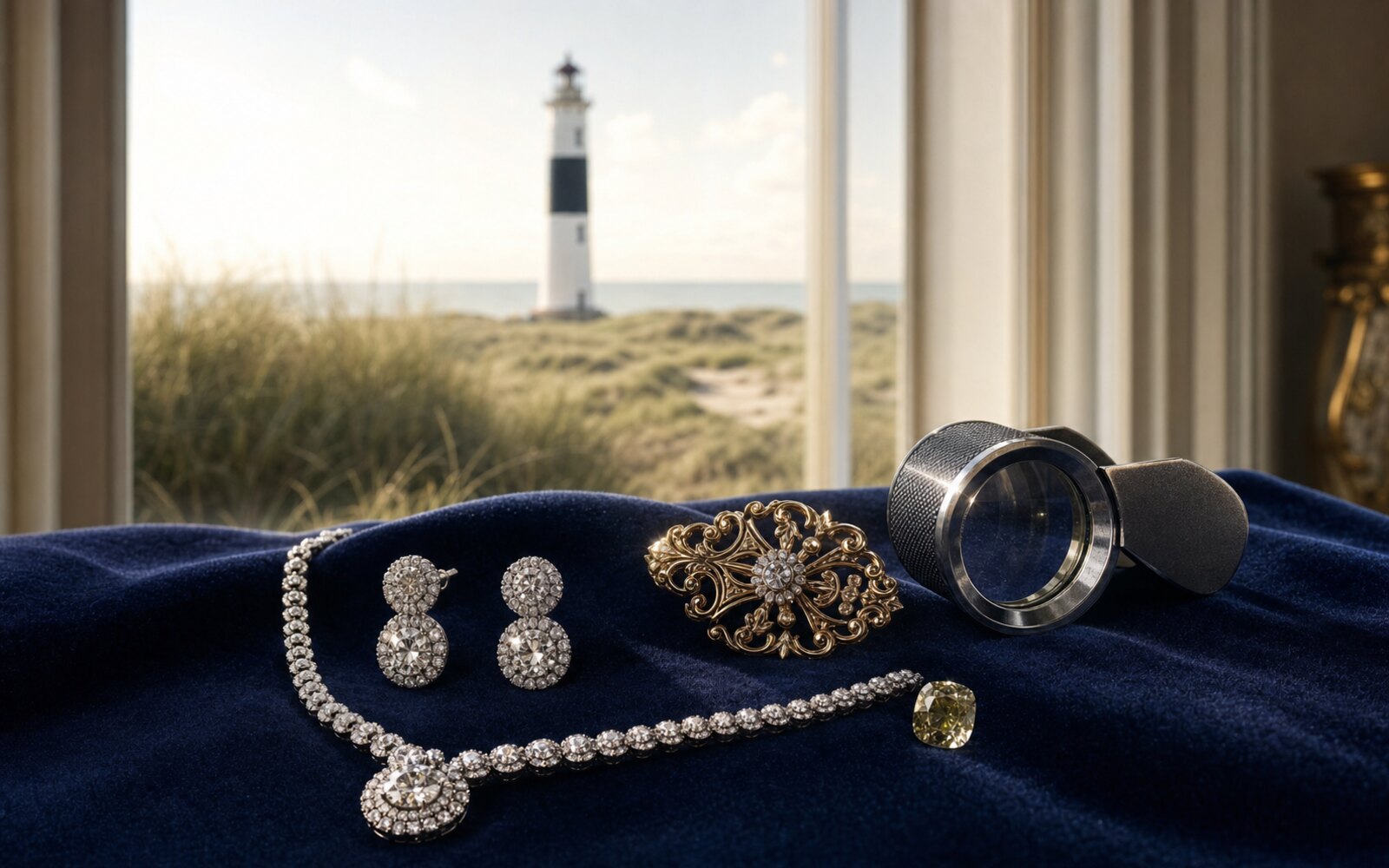 Diamant-Collier, antike Goldbrosche, Ohrringe und loser Farbedelstein auf Navy-Samt, im Hintergrund dem Hörnumer Leuchtturm, Bewertungslupe daneben.