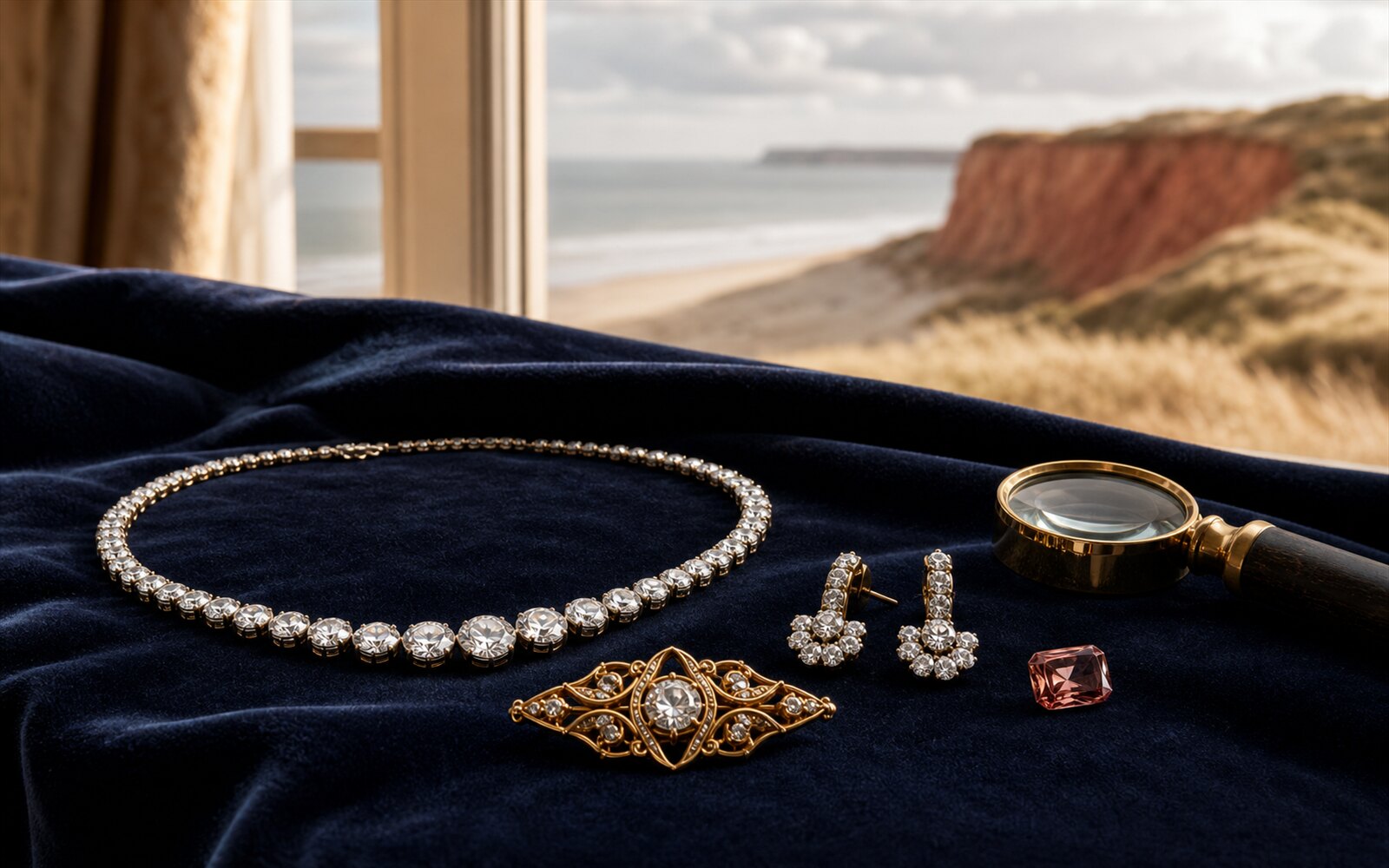 Diamant-Collier, antike Goldbrosche, Ohrringe und loser Farbedelstein auf Navy-Samt, im Hintergrund dem Roten Kliff von Kampen, Bewertungslupe daneben.