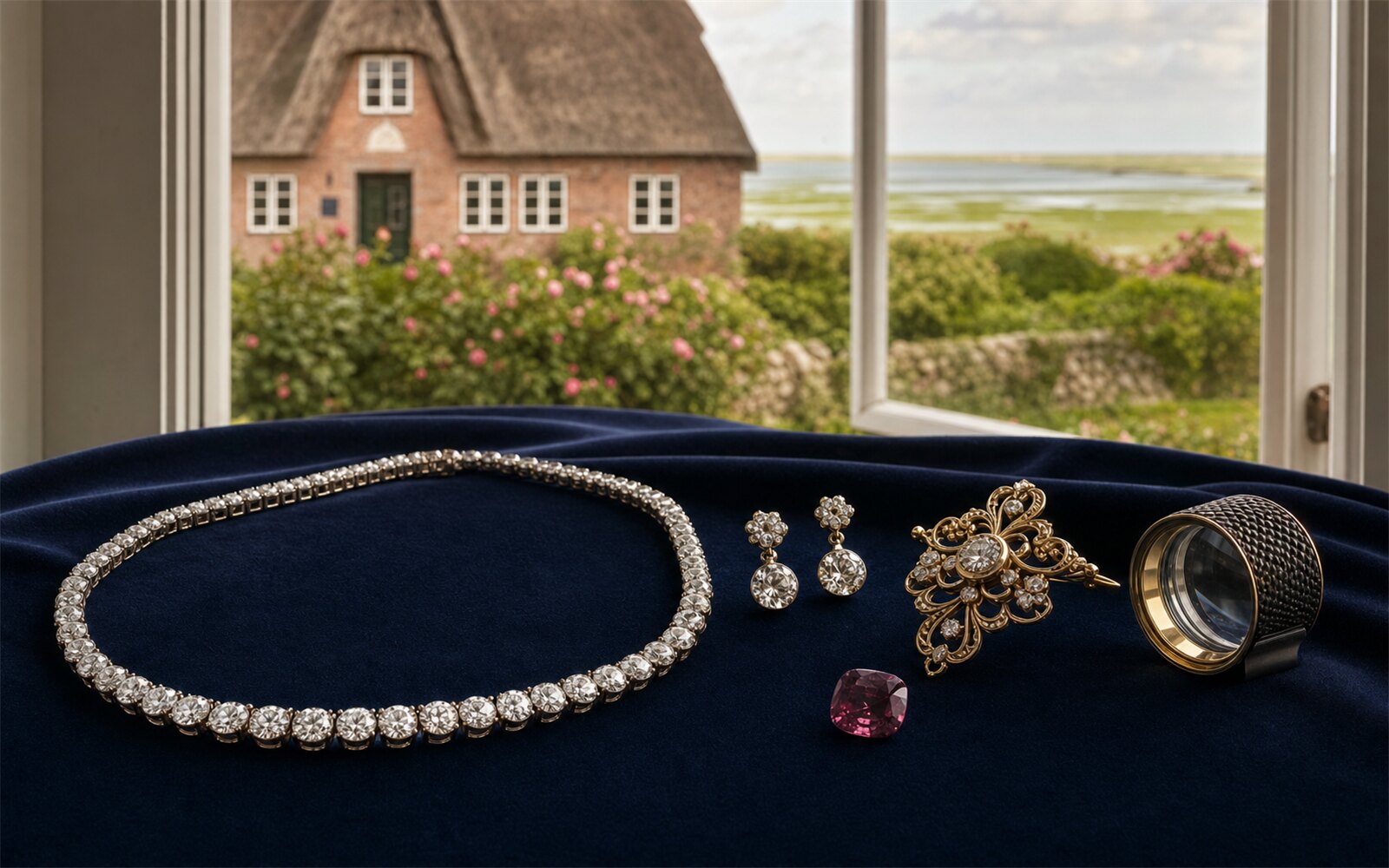Diamant-Collier, antike Goldbrosche, Ohrringe und loser Farbedelstein auf Navy-Samt, im Hintergrund einem Keitumer Friesenhaus am Wattenmeer, Bewertungslupe daneben.