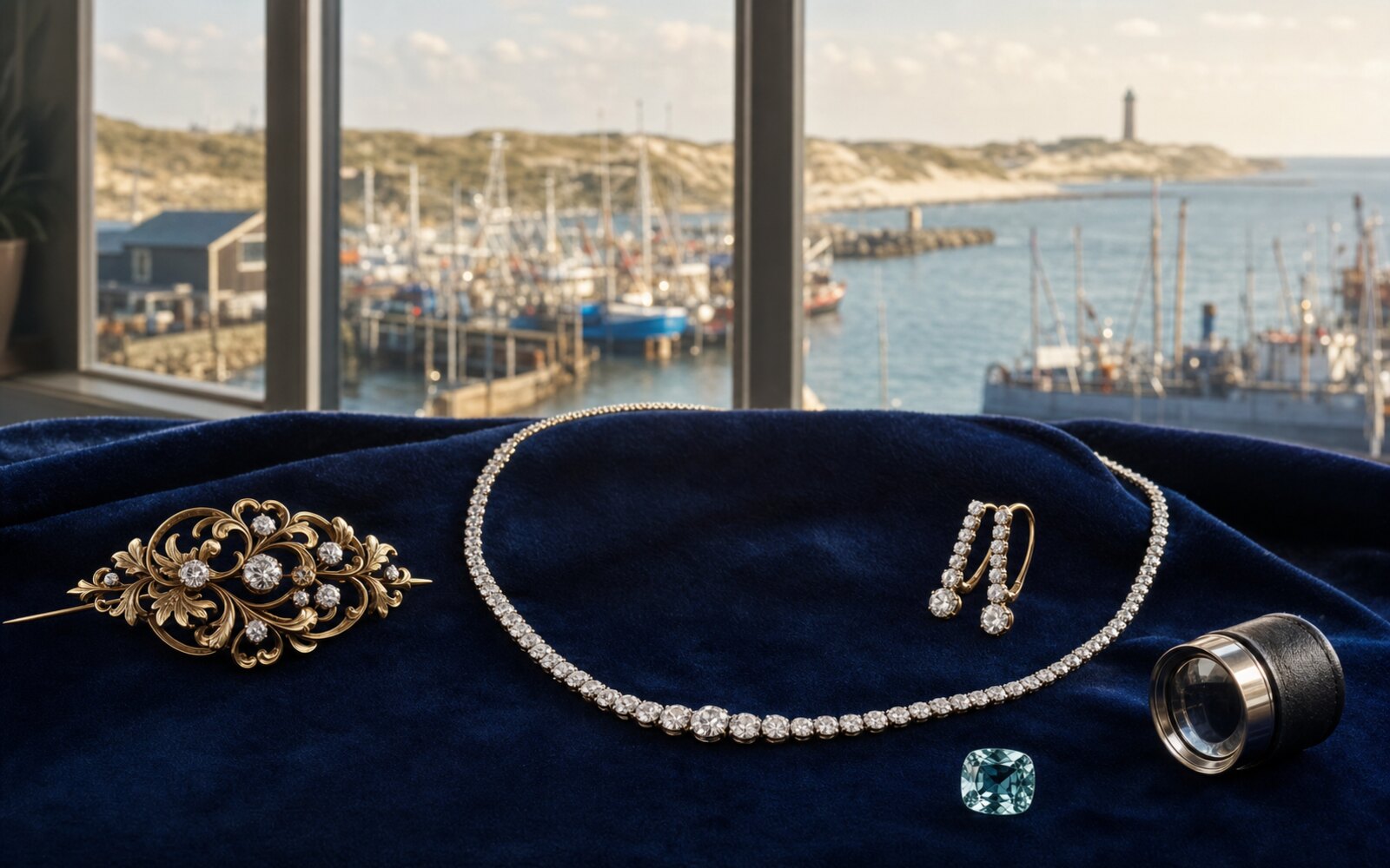 Diamant-Collier, antike Goldbrosche, Ohrringe und loser Farbedelstein auf Navy-Samt, im Hintergrund dem Lister Hafen an Sylts Nordspitze, Bewertungslupe daneben.