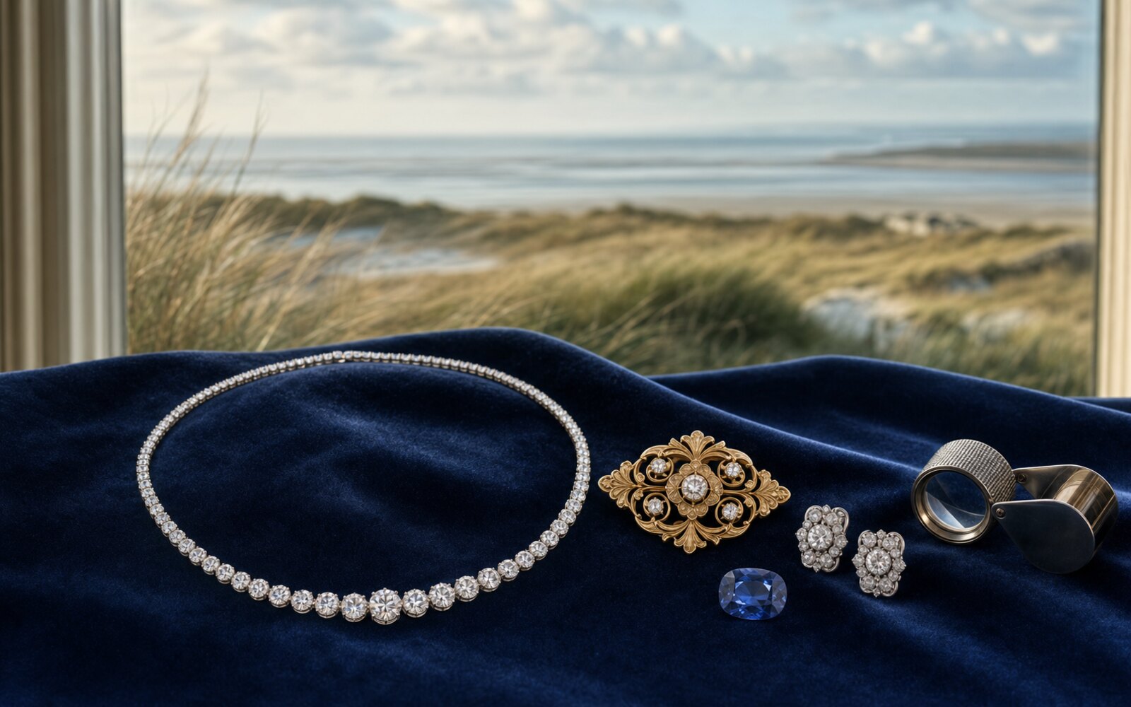Diamant-Collier, antike Goldbrosche, Ohrringe und loser Farbedelstein auf Navy-Samt, im Hintergrund den Rantumer Dünen, Bewertungslupe daneben.
