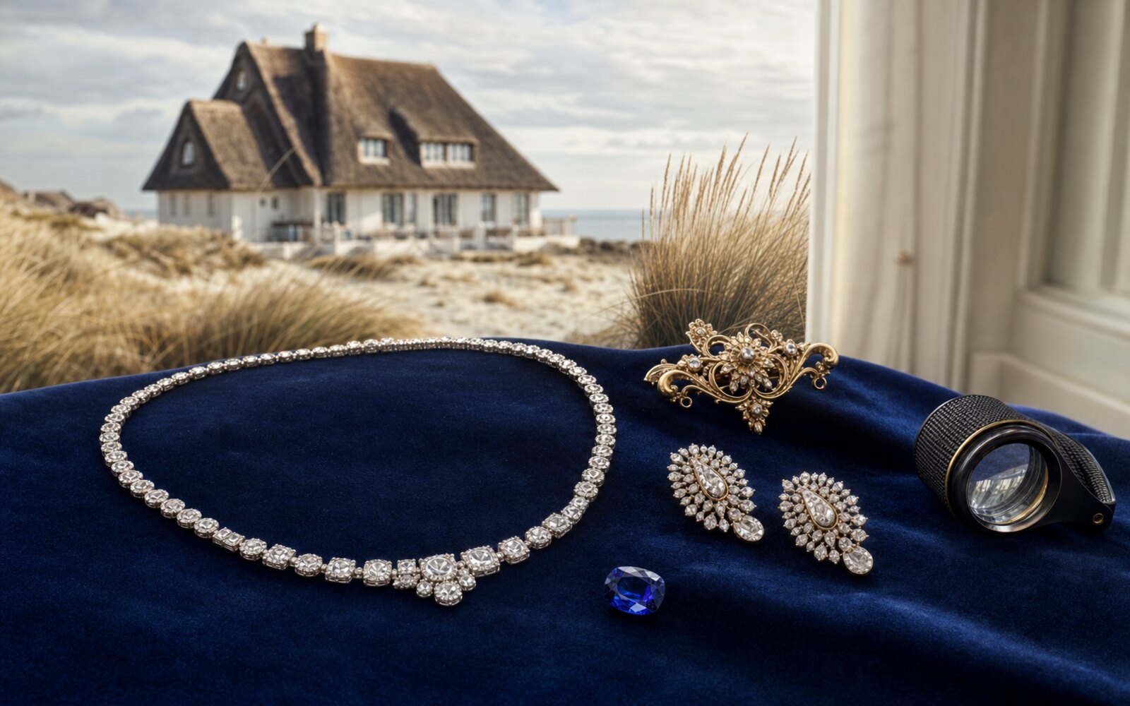 Diamant-Collier, antike Goldbrosche, Ohrringe und loser Farbedelstein auf Navy-Samt, im Hintergrund einer Sylter Reetdachvilla in den Dünen, Bewertungslupe daneben.