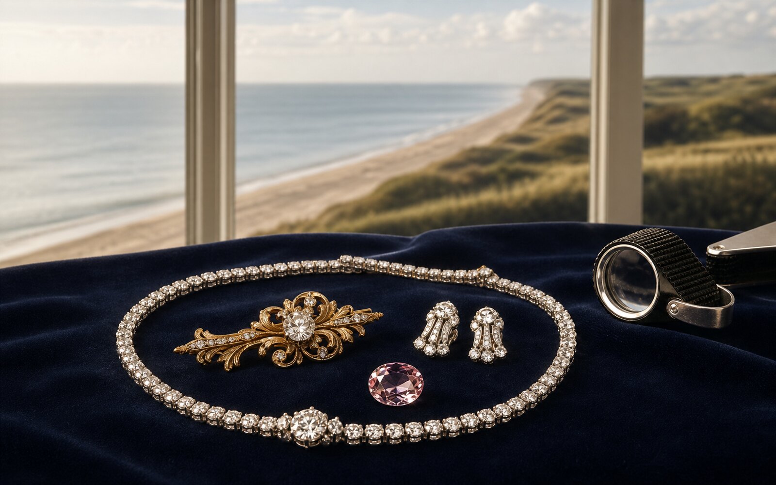 Diamant-Collier, antike Goldbrosche, Ohrringe und loser Farbedelstein auf Navy-Samt, im Hintergrund der Wenningstedter Bucht, Bewertungslupe daneben.