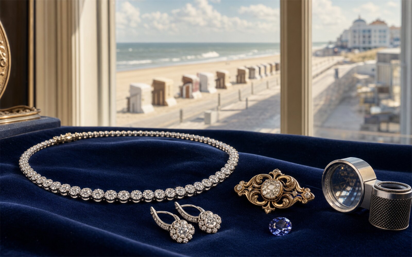 Diamant-Collier, antike Goldbrosche, Ohrringe und loser Farbedelstein auf Navy-Samt, im Hintergrund der Westerländer Strandpromenade, Bewertungslupe daneben.