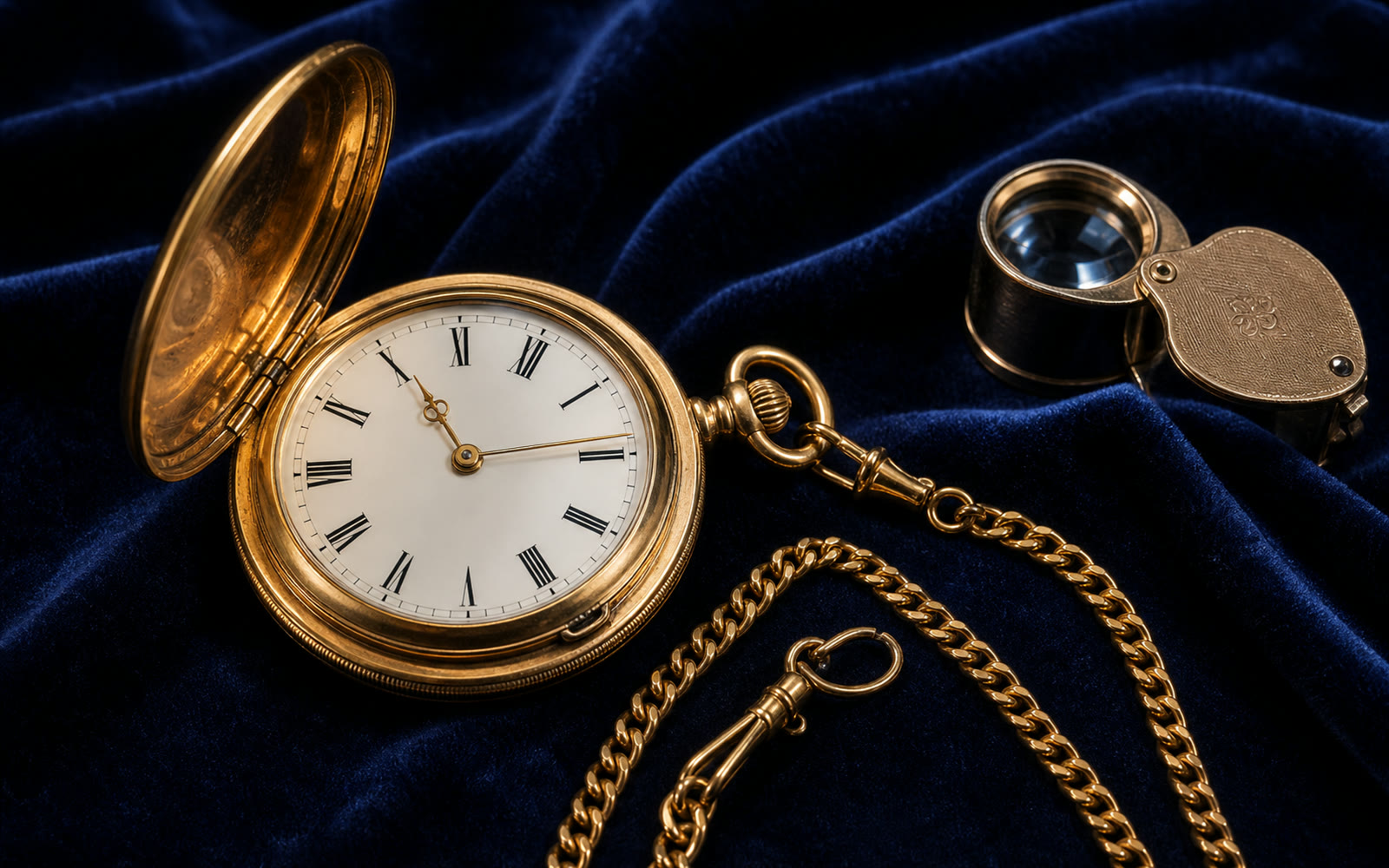 Antike goldene Taschenuhr mit Sprungdeckel, Emailzifferblatt und Uhrkette auf blauem Samt