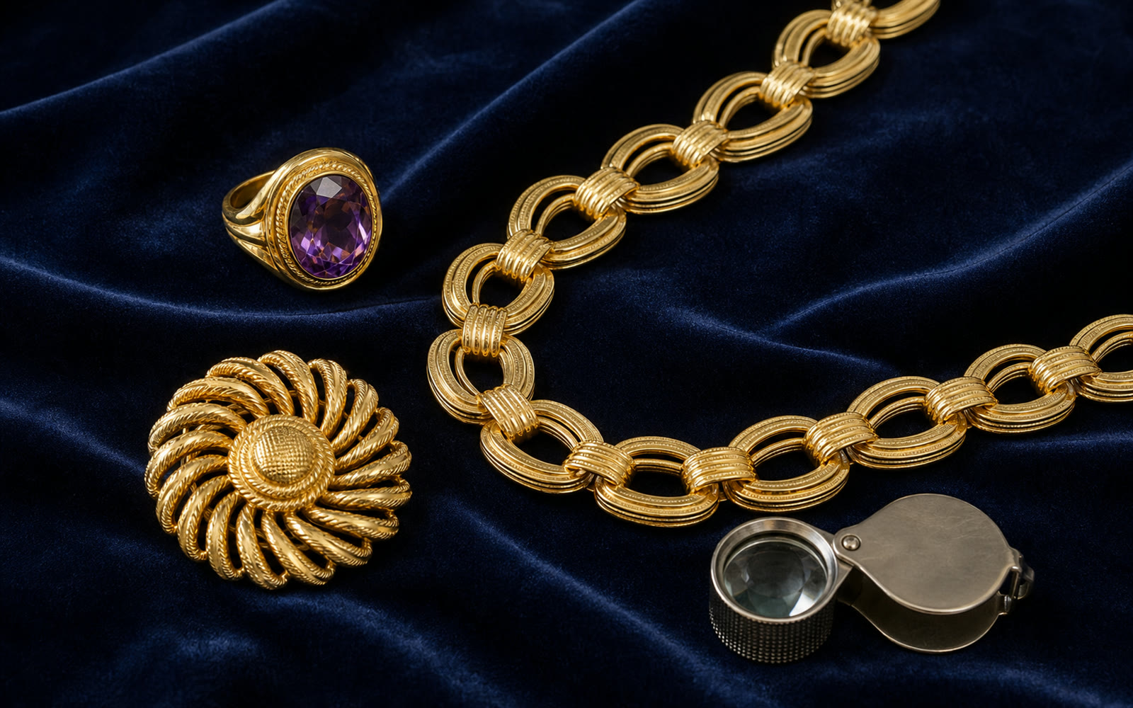 Vintage-Schmuck der 1960er bis 1980er, Cocktailring und strukturiertes Gold auf blauem Samt