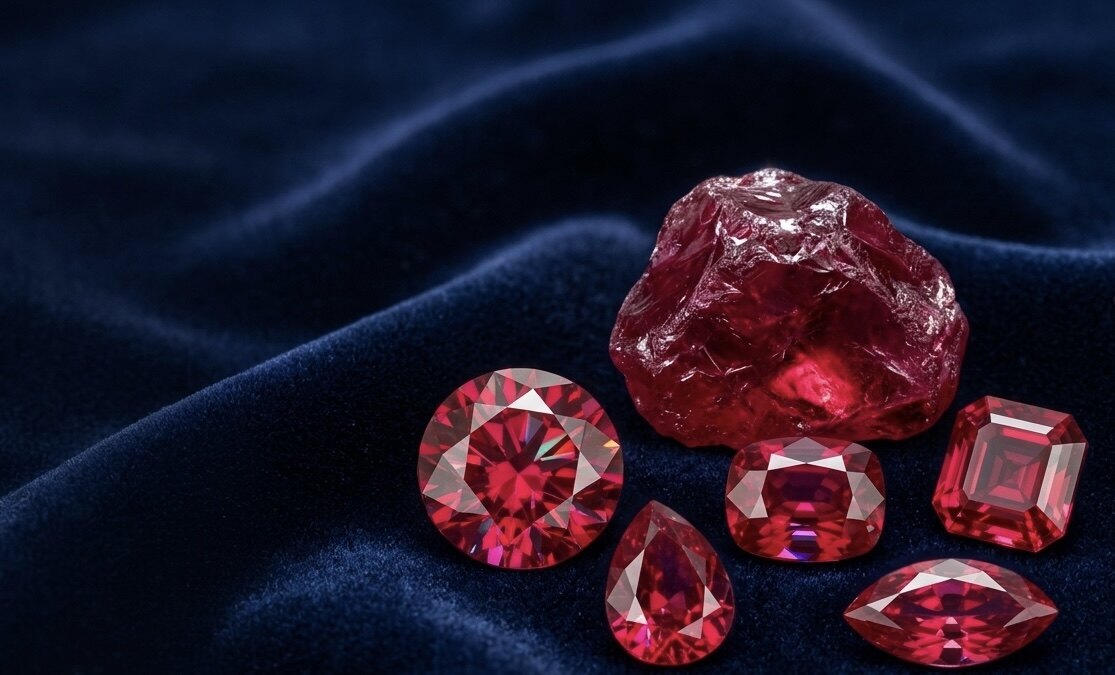 Roh-Rubin und f&uuml;nf geschliffene Rubine in Brillant-, Cushion-, Asscher-, Pear- und Marquise-Schliff auf dunkelblauem Samt