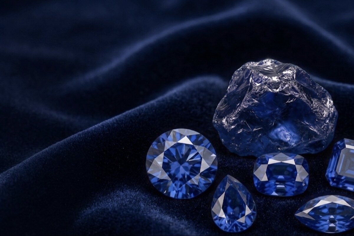 Roh-Saphir und vier geschliffene Saphire in Brillant-, Cushion-, Pear- und Asscher-Schliff auf dunkelblauem Samt
